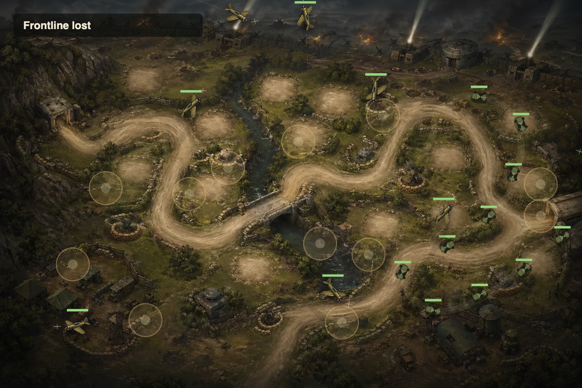 Air Raid mission wave twelve with multiple aircraft routes in Allied Frontline Defense