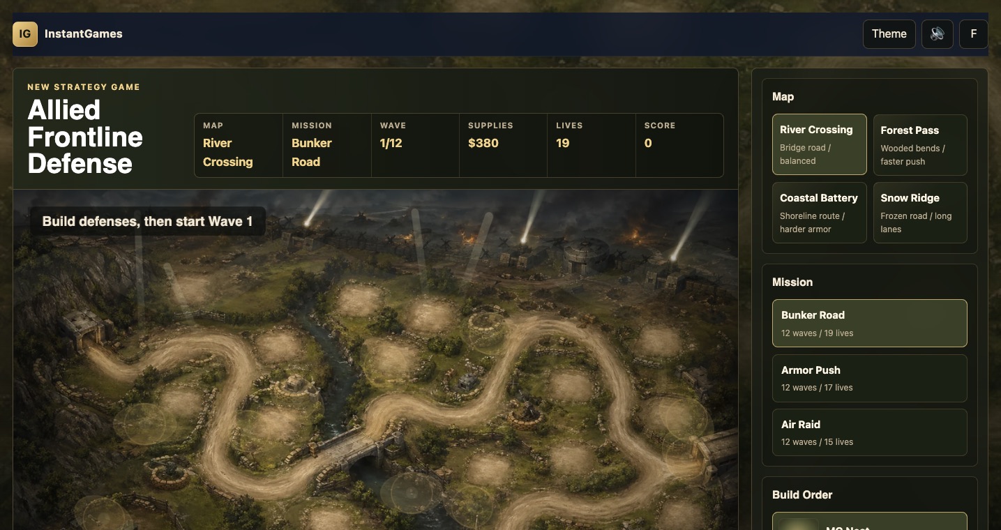 Compact build panel showing six Allied Frontline Defense tower options