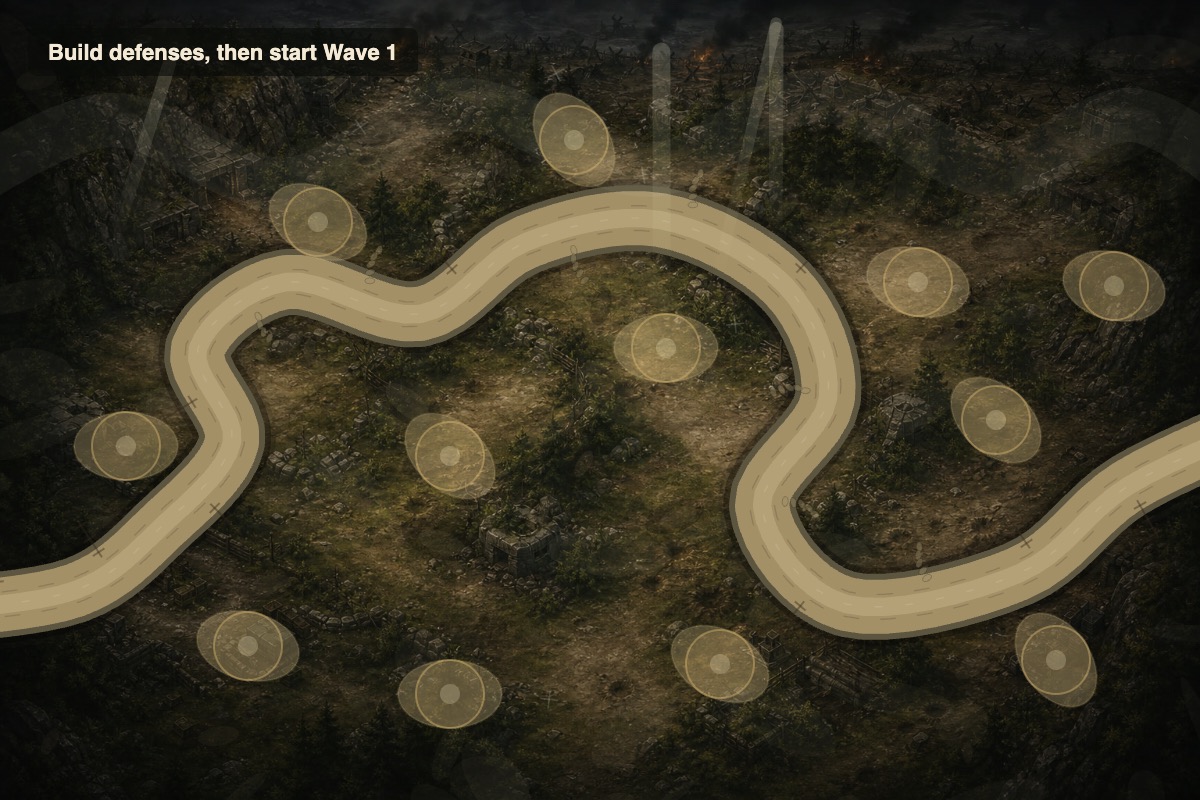 Forest Pass layered map in Allied Frontline Defense with route and tower pads