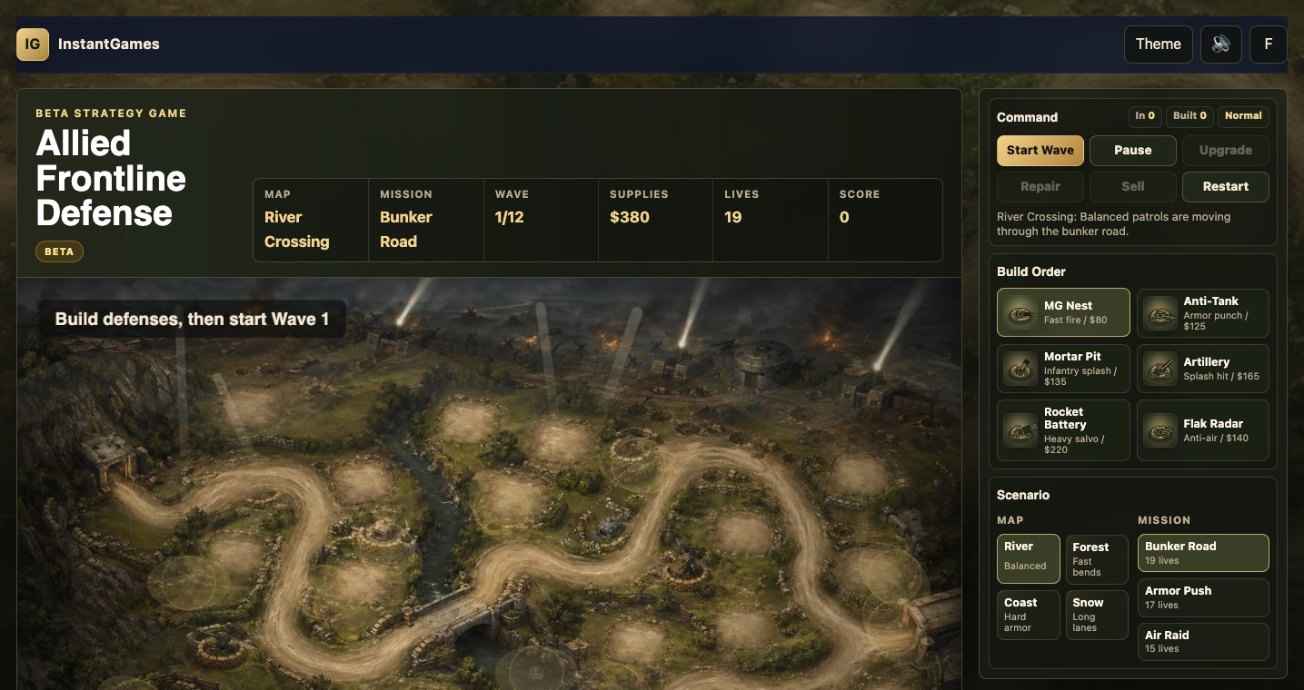 Allied Frontline Defense beta gameplay with a battlefield map, tower placements, and command panel