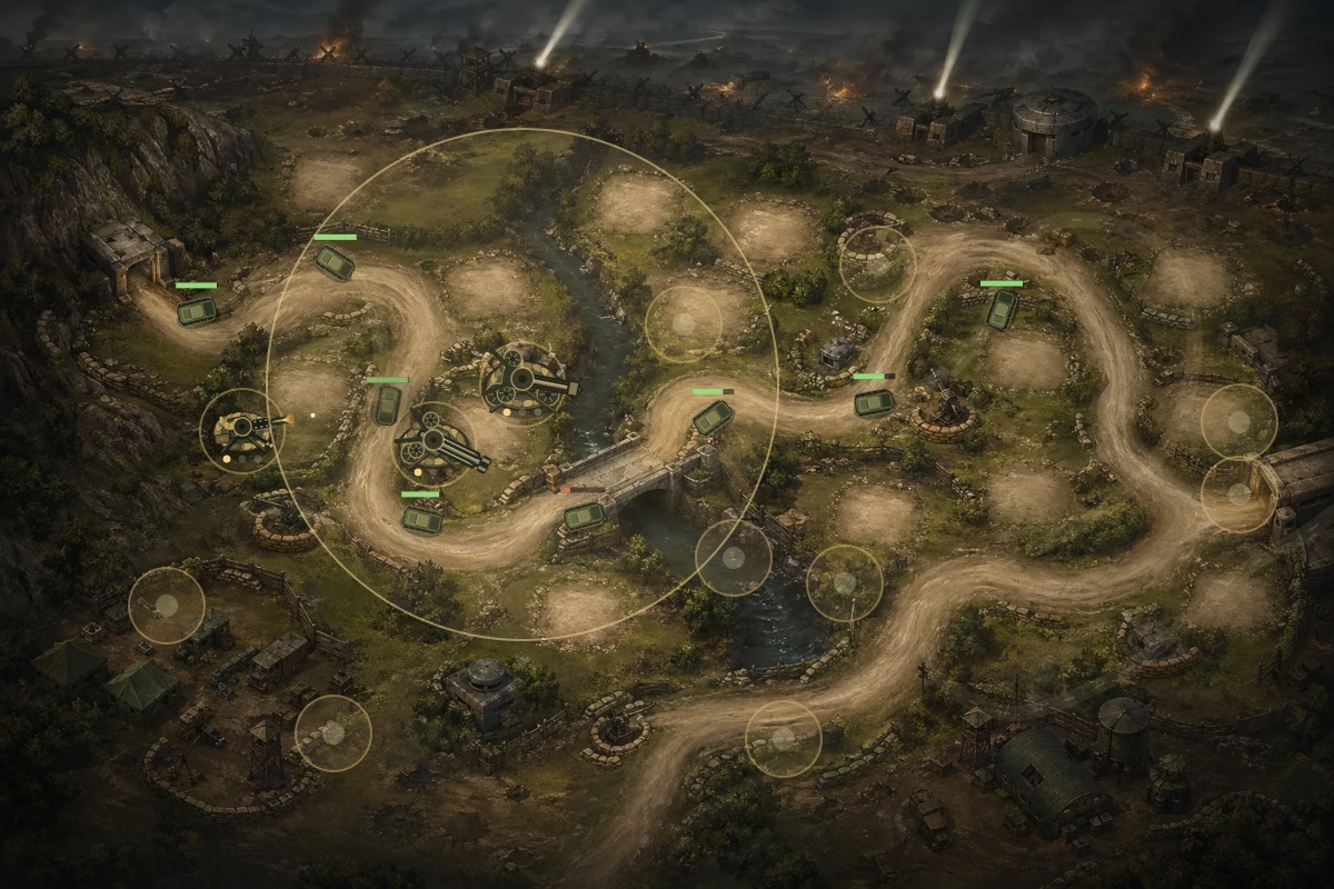 Ground route and nearby defense towers after route and pad clearance checks
