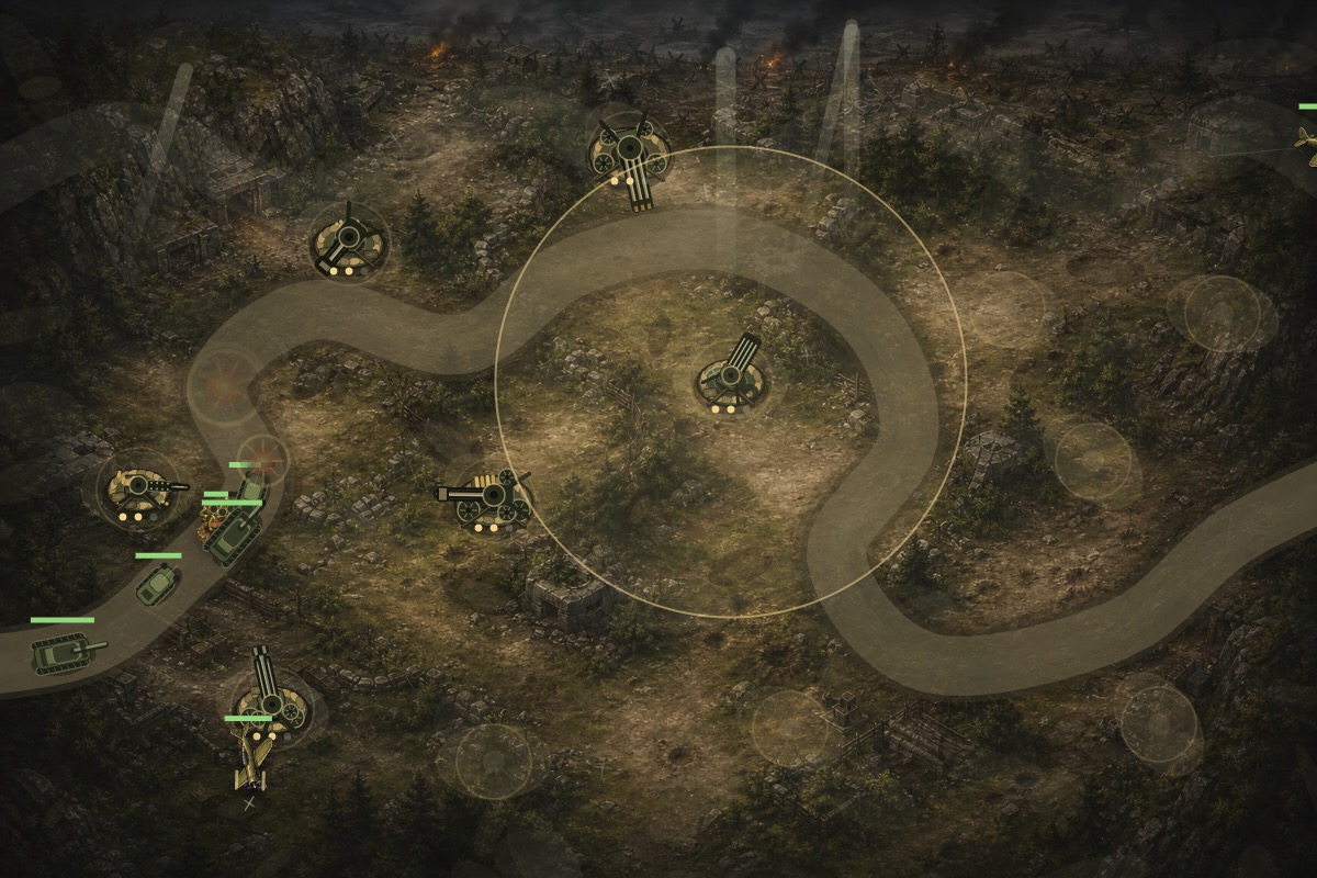 Expanded Allied Frontline Defense battlefield with multiple towers and enemy types