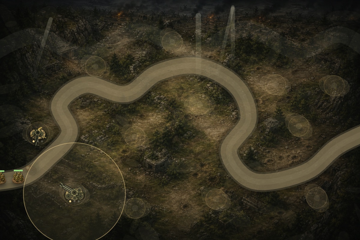 Layered route and tower pad overlay on a base map in Allied Frontline Defense