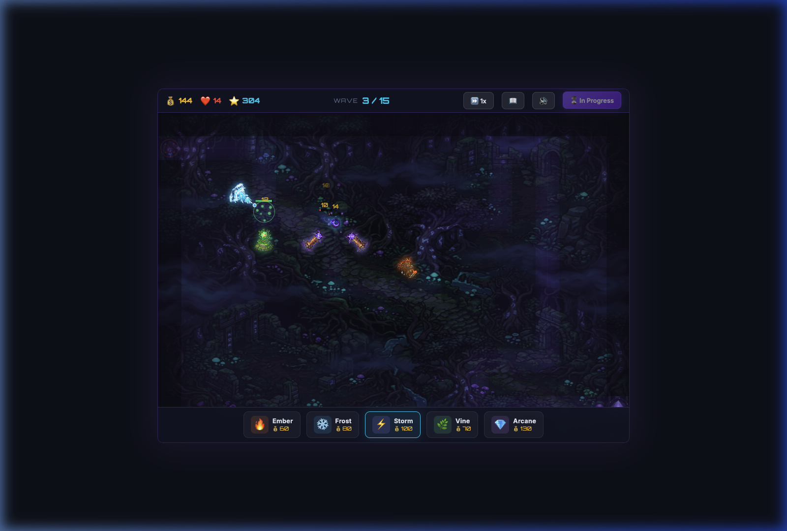 Wave 3 combat showing multiple towers firing at shadow enemies with various elemental effects