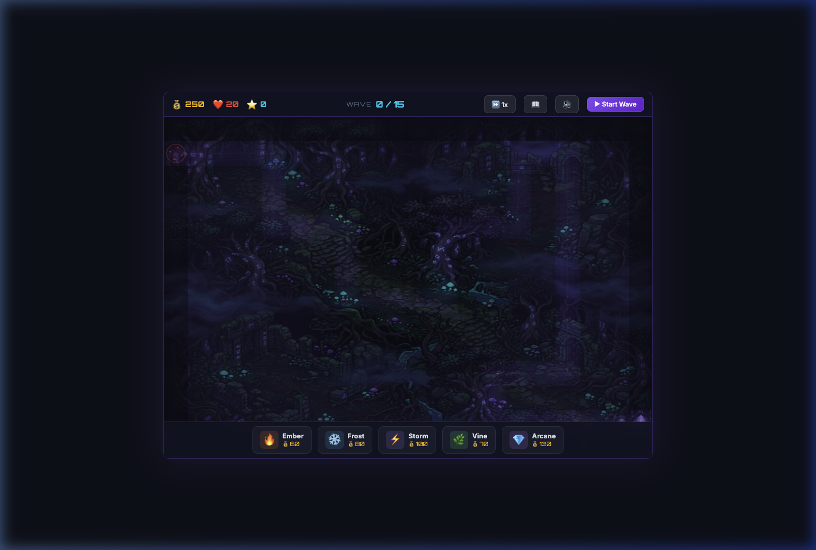 Arcane Bastion game initial state showing the 20x14 grid with forest background, path tiles, and HUD