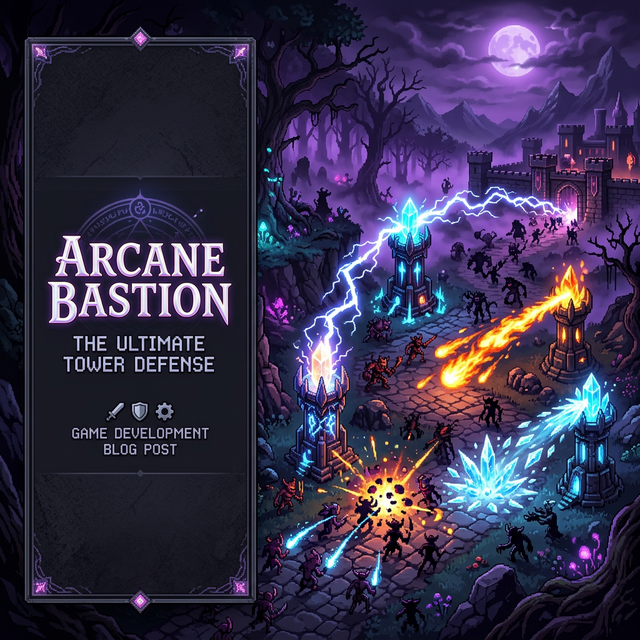Arcane Bastion Tower Defense game hero banner showing crystal towers defending against shadow creatures in a magical forest