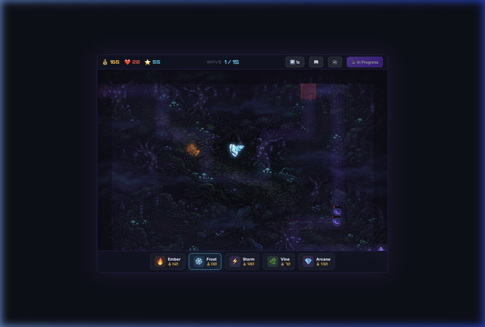 Tower rotation demonstration showing towers facing different directions based on enemy positions