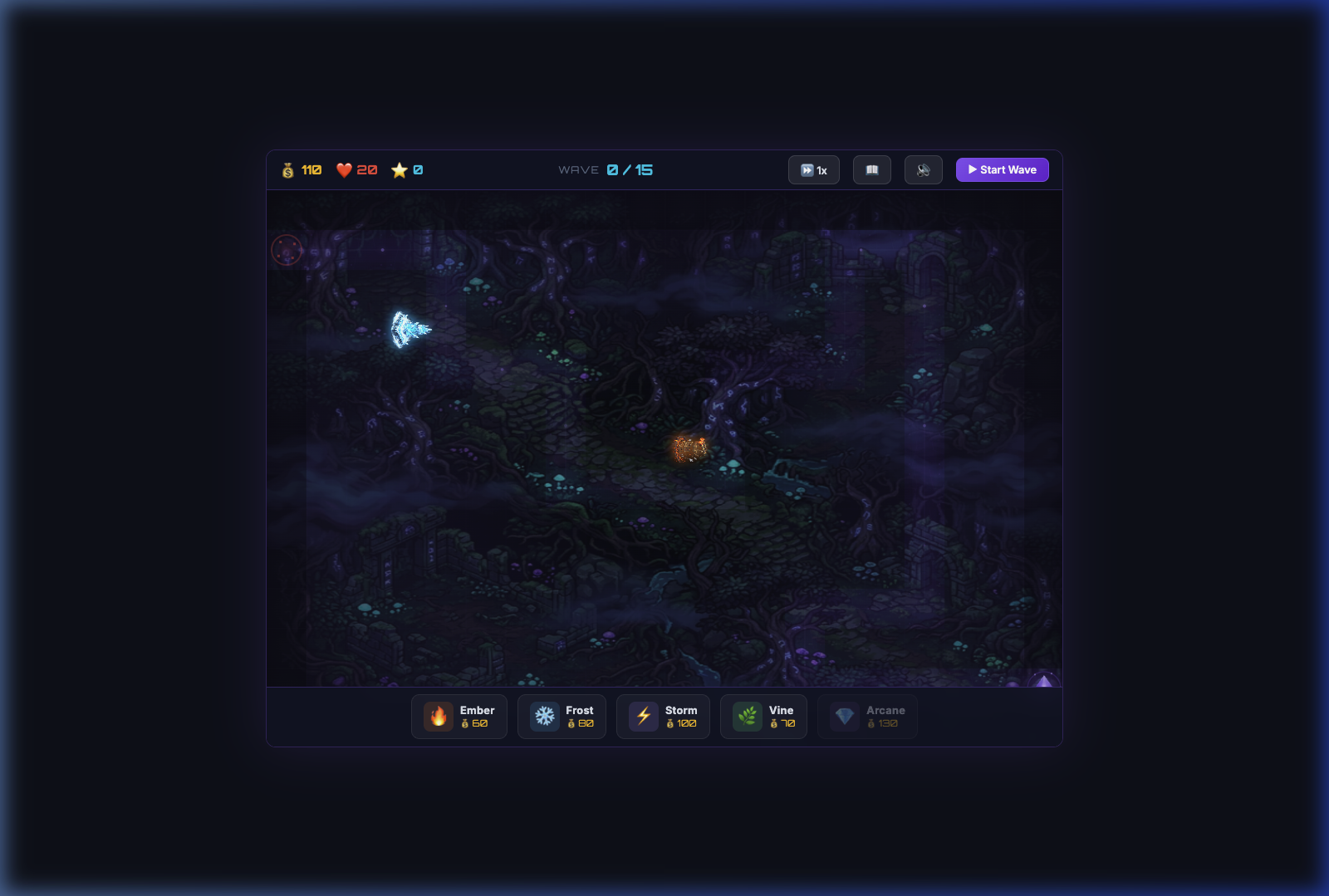 Multiple tower types placed on the game grid showing different elemental glows