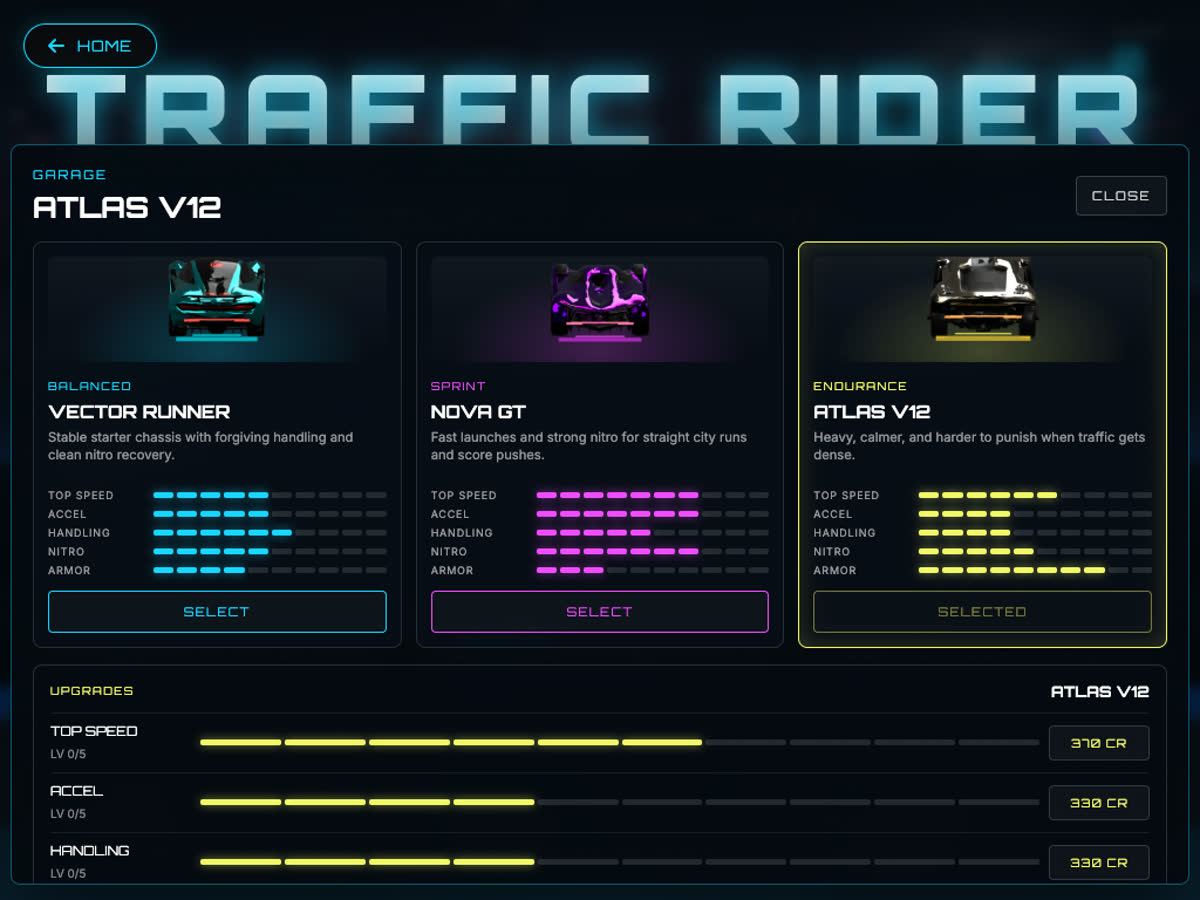 Traffic Rider Extreme garage showing Vector Runner, Nova GT, and Atlas V12 with distinct retextured car images