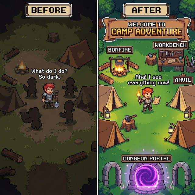 Before and after comparison of camp UX — dark and confusing vs bright and labeled