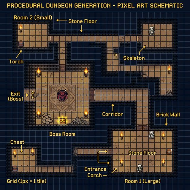 Procedural dungeon generation schematic showing rooms, corridors, boss room, and enemy placements