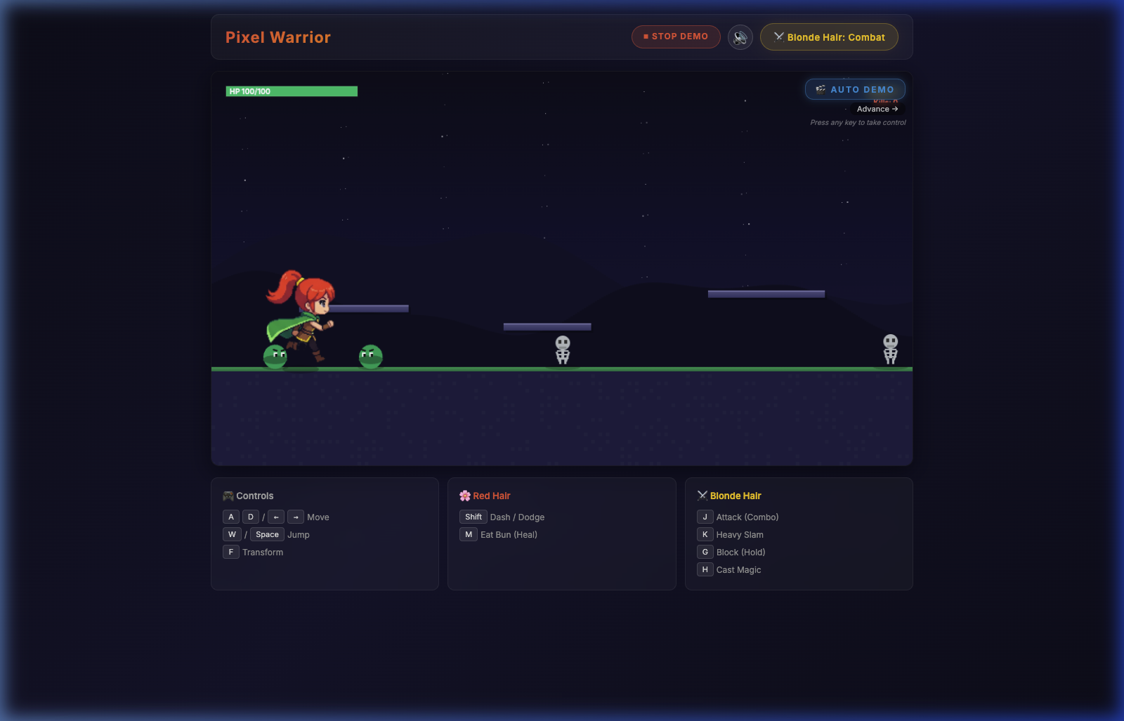 Pixel Warrior combat system with HP bars, enemies, and auto-demo overlay showing combat mode