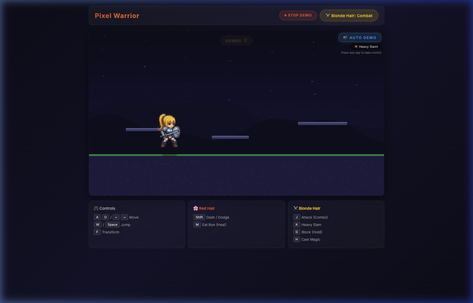 Pixel Warrior auto demo mode showing magic casting with purple particle effects