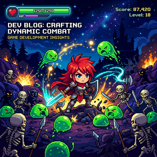 Pixel Warrior Game Demo - Red-haired warrior battling slimes and skeletons with magical particle effects
