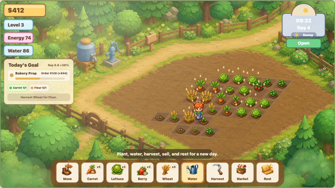 Sunny Farm Days gameplay showing a cozy farm field with crops, goal panel, toolbar, and farmer