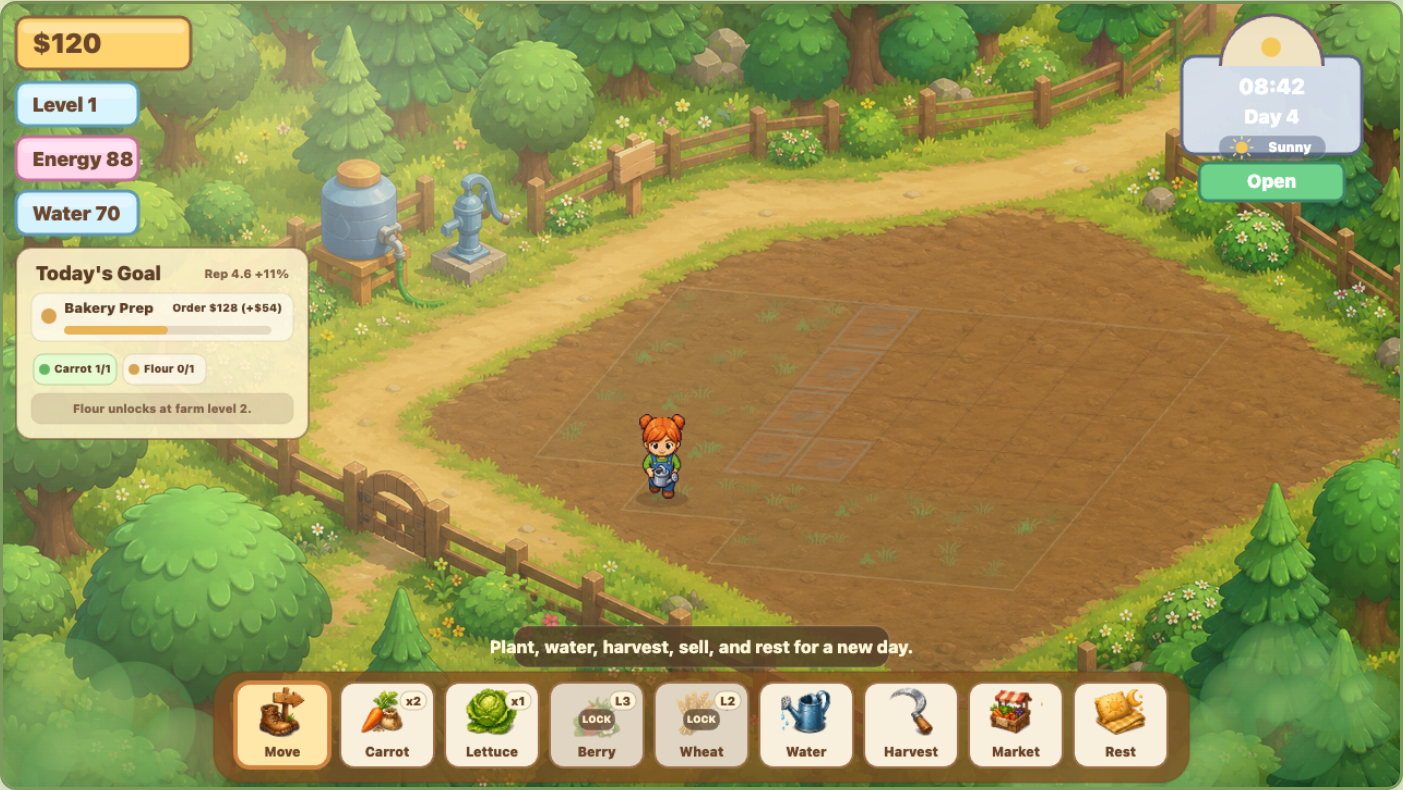 Sunny Farm Days field showing plot units, expansion areas, locked crops, and shared grid placement