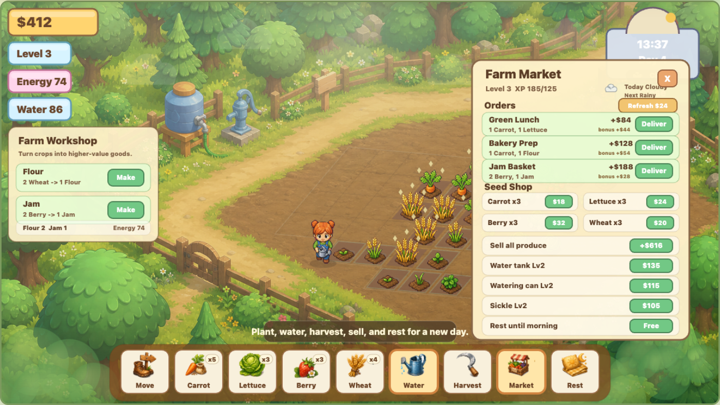 Sunny Farm Days market and workshop panels showing orders, seed shop, upgrades, and crop processing