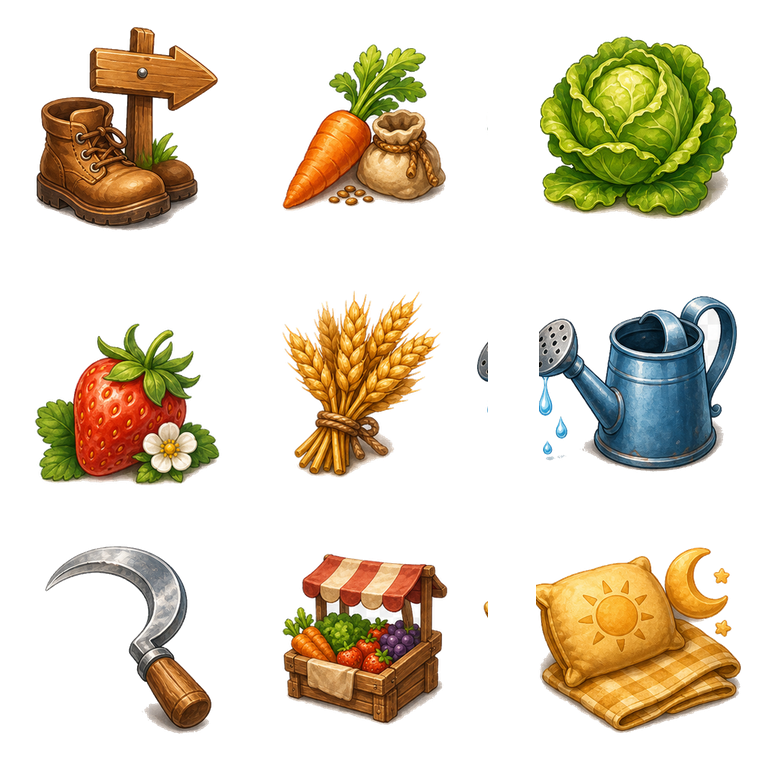 Sunny Farm Days toolbar icon sprite sheet with tools and crops