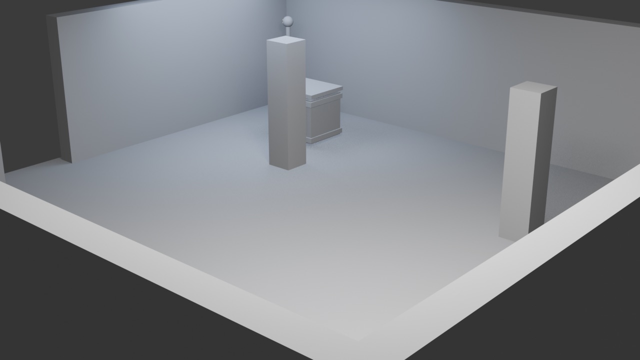 EEVEE render of the dungeon room with crate, pillars and torch